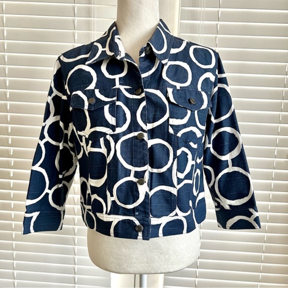 3 Sisters Vintage Sz Medium Navy Blue Large Circle Print Front Button Jacket